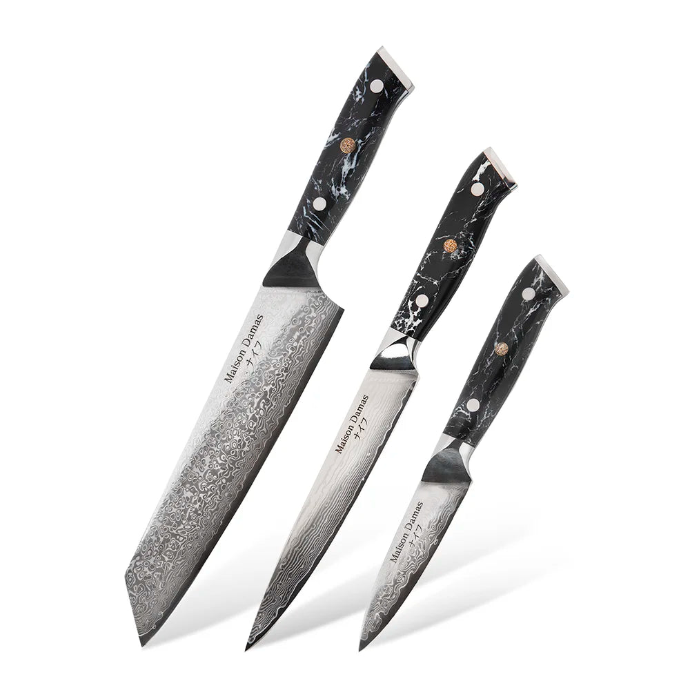 Set 3 Couteaux Japonais Damas - Edition limitée - Mallette cuir OFFERTE