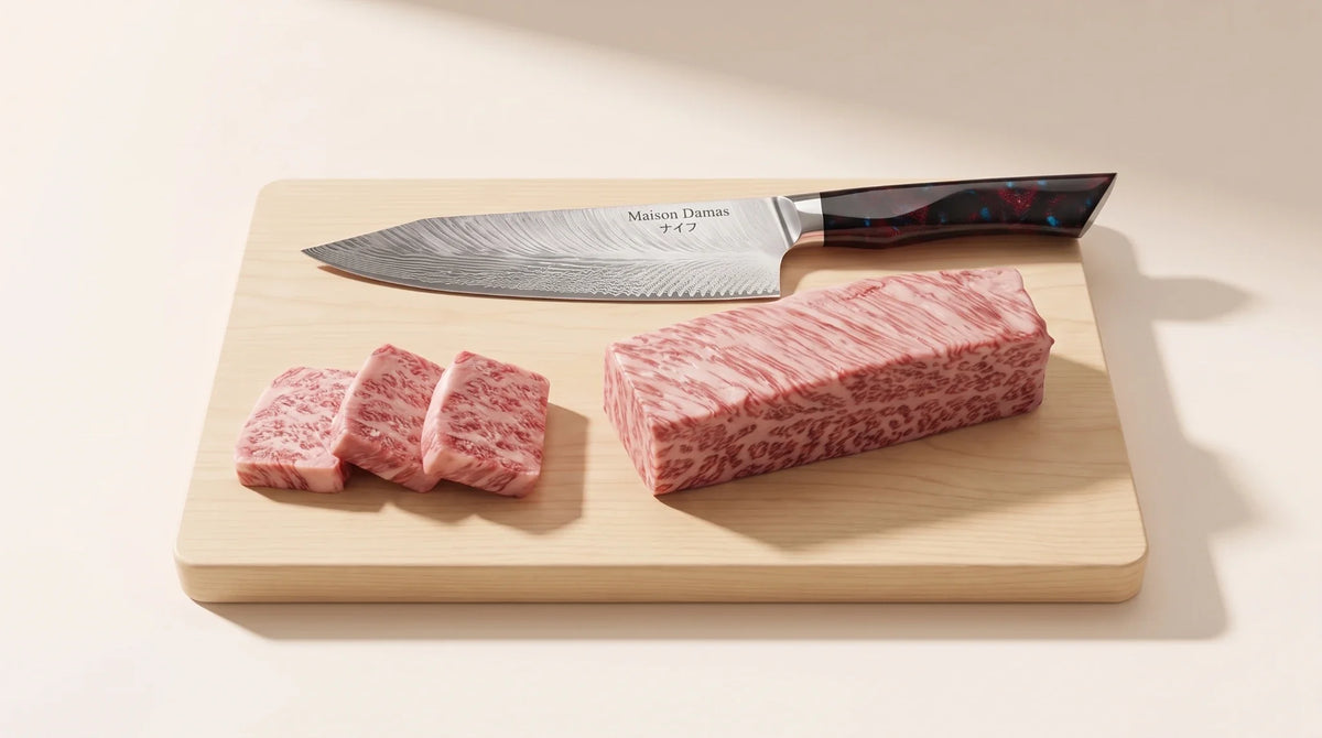 Couteau Maison Damas à manche Akita avec un morceau de viande persillée et trois tranches sur une planche en bois clair